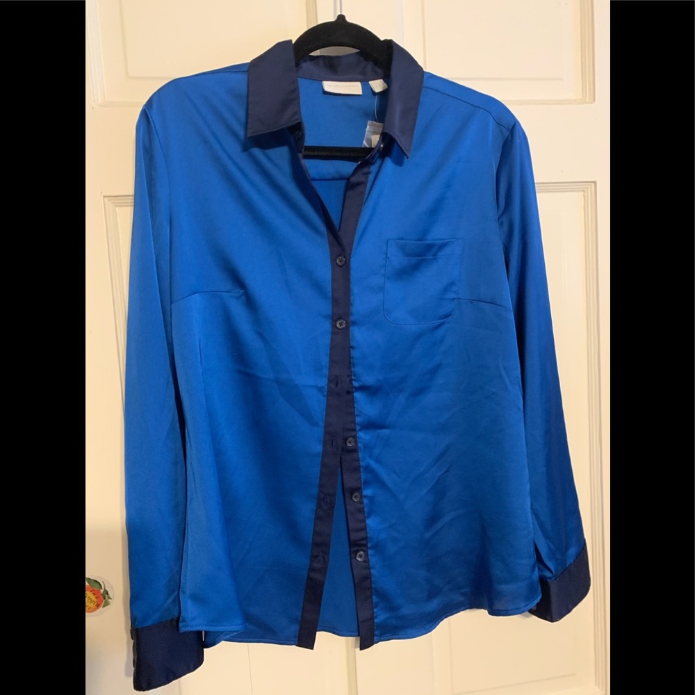 Blue and navy feels like silk button down blouse